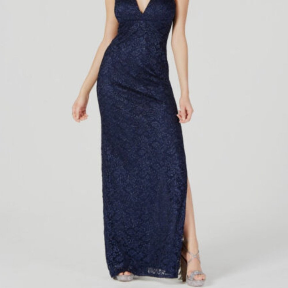 Emerald Sundae Womens Juniors' Blue Glitter Lace V-Neck A-Line Dress, Size S